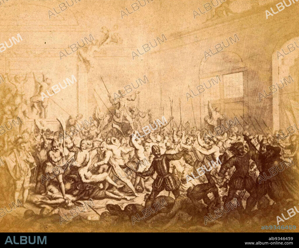 Photoreproduction of an engraving of massacre by the Spaniards in the church of Naarden on December 1, 1572, anonymous, anonymous, Netherlands, 1850 - 1900, photographic support, cardboard, albumen print, height 59 mm × width 76 mmheight 63 mm × width 106 mm.
