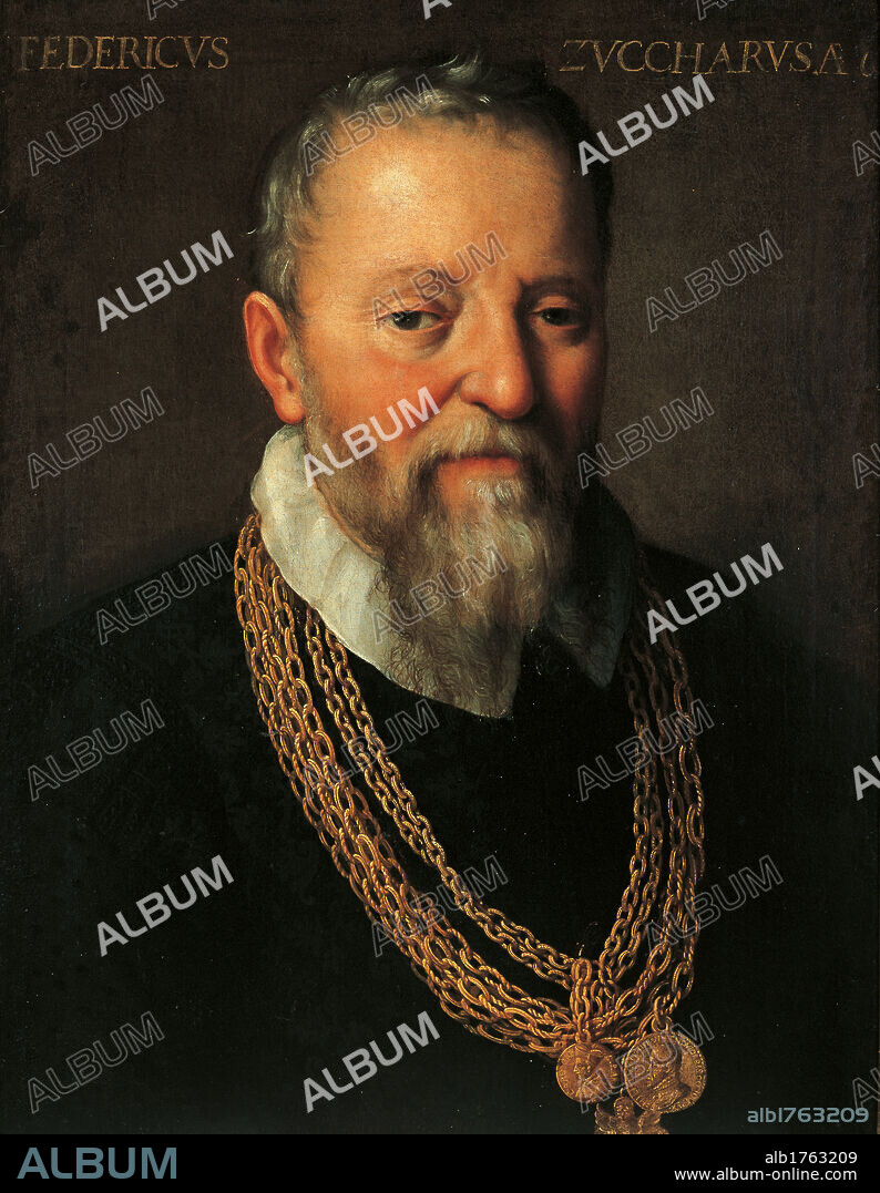 Portrait of Federico Zuccari, by Fede Galizia, 1604, 17th Century, oil on canvas, cm 55,5 x 43. Italy, Tuscany, Florence, Uffizi Gallery. All. Elderly painter, with slight wrinkles, heavy eyelids, soft hair and silvery beard, wearing a black garment with a white collar and heavy gold chains adorning his chest with medals. Words on the edges of the medals and at the top of the background. Authorization required for non editorial use.
