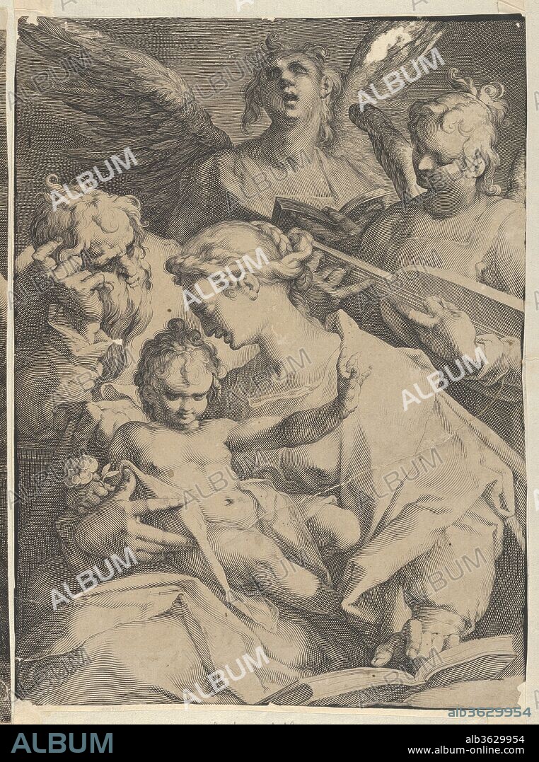 Holy Family and Two Music-Making Angels. Artist: Jan Muller (Netherlandish, Amsterdam 1571-1628 Amsterdam); After Bartholomeus Spranger (Netherlandish, Antwerp 1546-1611 Prague). Dimensions: Sheet: 11 7/16 × 8 7/16 in. (29 × 21.4 cm). Publisher: Harmen Jansz. Muller (Netherlandish, Amsterdam ca. 1540-1617 Amsterdam). Date: ca. 1590.