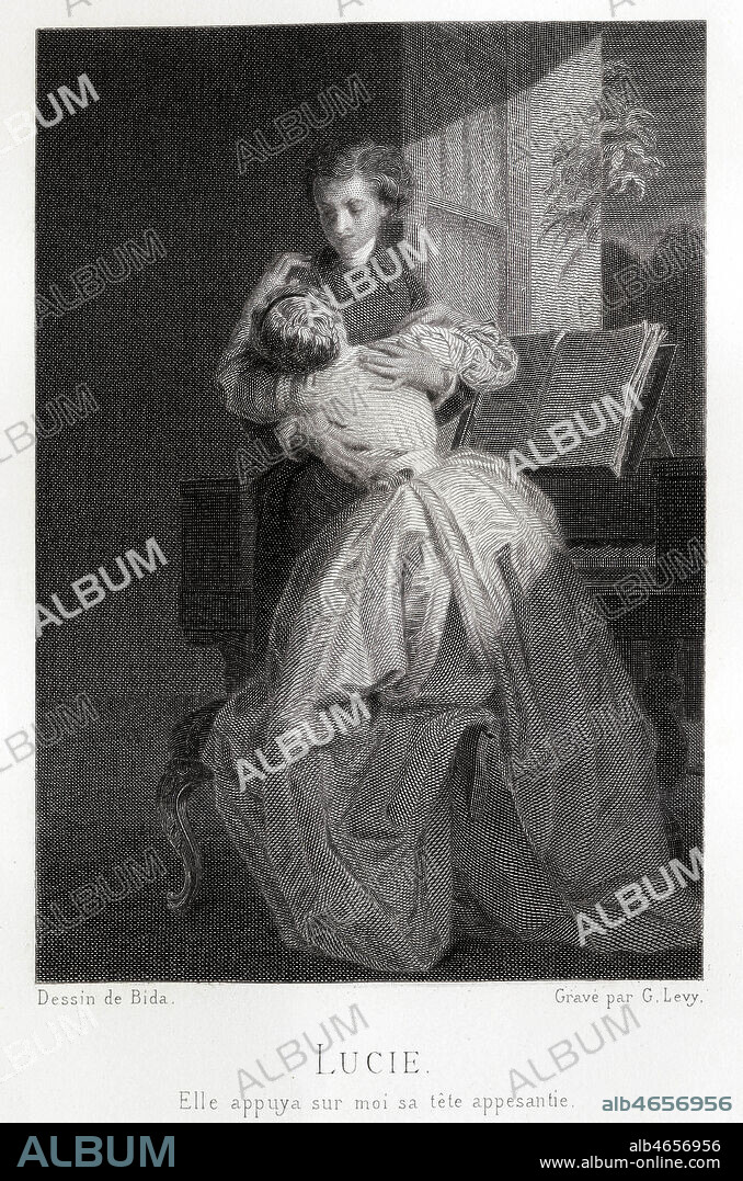 Lucie. Elle appuya sur moi sa tete appesantie. Portrait d'Alfred de Musset (1810-1857) avec Lucie dans ses bras. Illustration de Alexandre BIDA (1813-1895) de 1876. Credit: Coll. Jonas/KHARBINE-TAPABOR.