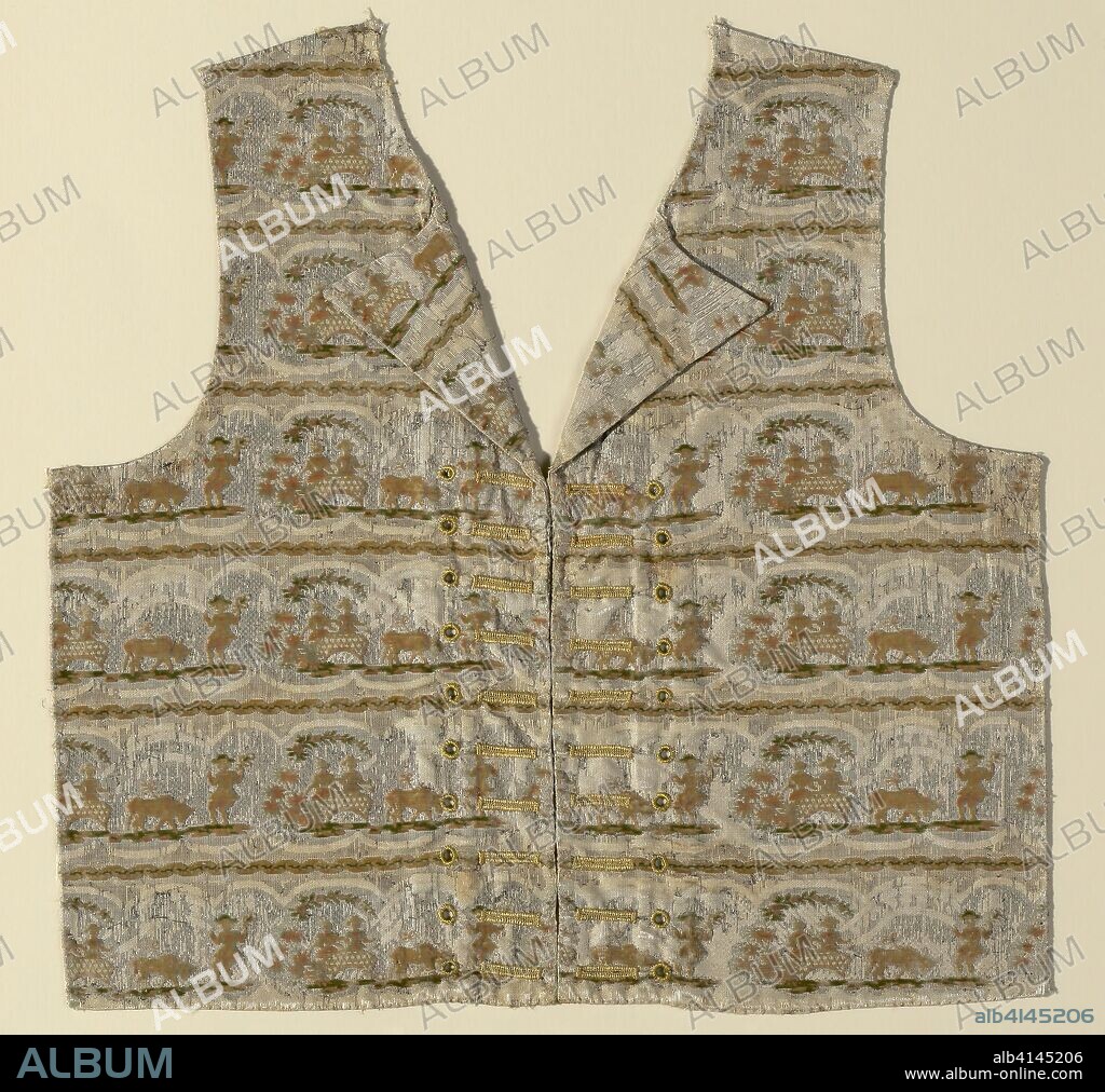 Portion of a Waistcoat (Front). France, Lyon. Date: 1775-1800. Dimensions: 48.2 × 47.8 cm (19 × 18 7/8 in.)
Repeat: 13.5 × 8 cm (5 1/4 × 3 1/8 in.). Silk and gilt-metal strips, warp-float faced twill weave with supplementary facing wefts bound by secondary binding warps and three-color supplementary pile warps forming cut voided velvet. Origin: France.
