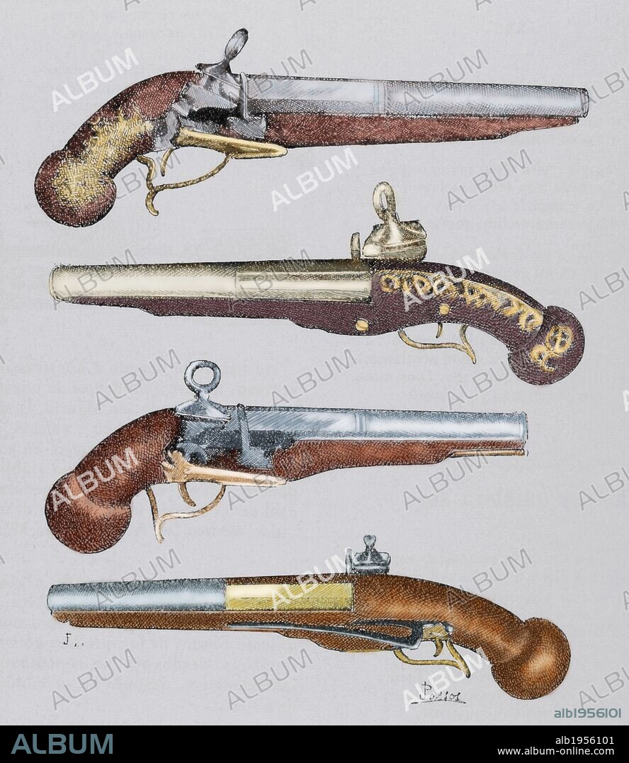 Ancient weapons. 18th century. From top to bottom: Catalan pistol, Arab pistol, Catalan pistol and French pistol. Colored engraving of The Illustration, 1890.