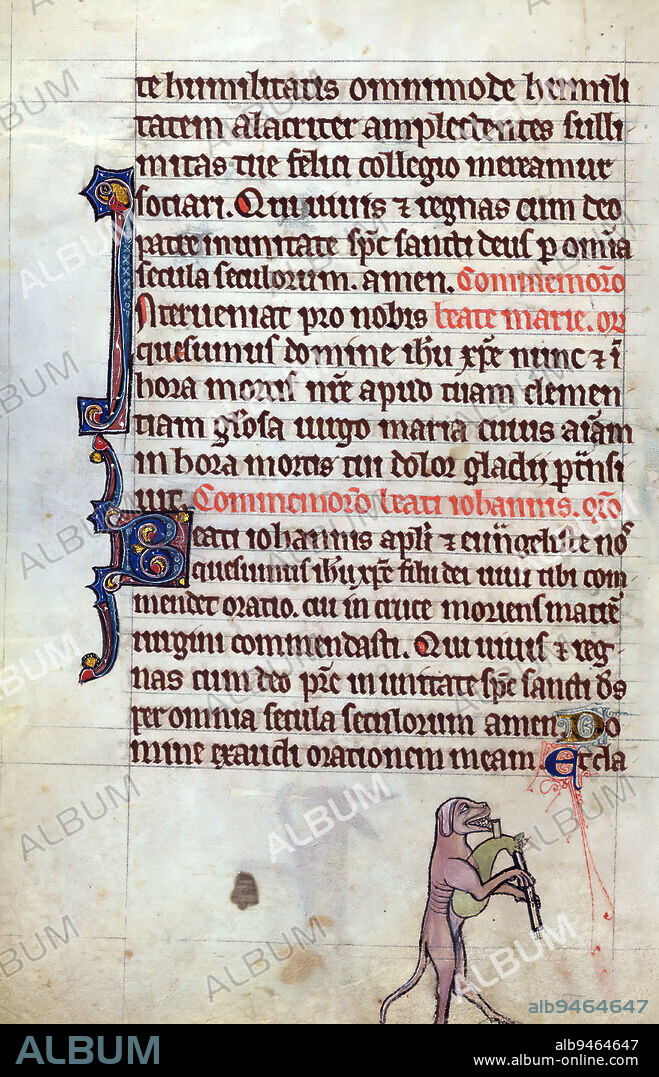 Book of Hours, Dog playing cat bagpipes, from a marginal cycle of images of the funeral of Renard the Fox, This is a finely illuminated and iconographically rich Book of Hours, made in England at the end of the thirteenth century. The manuscript is incomplete and misbound. The manuscript contains a number of unusual texts including the Hours of Jesus Crucified, and the Office of St. Catherine. The patron of the manuscript is not clear: a woman is depicted as praying in many of the initials, but rubrics in the Office of the Dead mention 'freres'. The imagery is marvellously inventive, and the Hours of Christ Crucified are graced with images depicting the Funeral of Reynard the Fox in its margins. In the absence of a Calendar, it is not possible to locate the origin of the manuscript precisely.