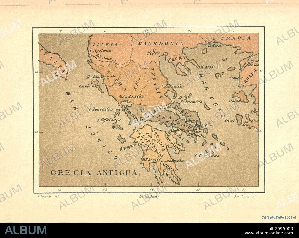Mapa de Grecia Antigua publicado en el libro Historia Universal, de Felipe Picatoste. Madrid, 1890.
