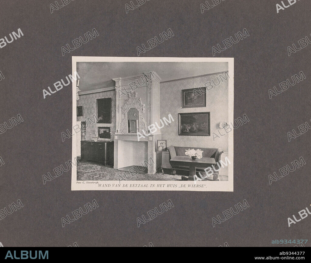 Wall of the dining room in castle De Wiersse at Vorden with a fireplace and a bench, WALL OF THE DINING ROOM IN THE HOUSE DE WIERSE. (title on object), C. Steenbergh (mentioned on object), Vorden, c. 1885 - c. 1900, cardboard, paper, height 122 mm × width 148 mm.