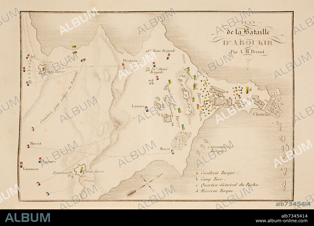 ANÓNIMO. Ägyptische Expedition 1798/99 / Schlacht bei Abukir, 25. Jui 1799 (Des französische Expeditionsheer unter Napoleon Bonaparte schlägt ein Landekorps der Türken unter Mustafa Pascha). - "PLAN de la Bataille D'ABOUKIR". - Kupferstich nach Zeichnung von A. M Perrot. Aus: Jacques Marquet de Montbreton, baron de Norvins (1769-1854), Histoire de Napoléon, Paris (Ambroise Dupont et Cie., Libraires) 1827. Privatsammlung.