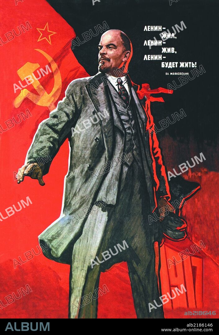 Standing Lenin in front of Large Soviet Flag.
