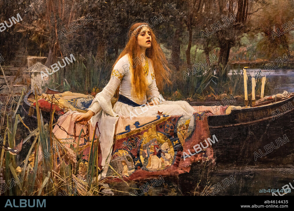 "The Lady of Shalott", 1888 by John William Waterhouse (1849 - 1917); oil painting on canvas. The subject is based on the poem by Alfred Tennyson of the same name. Detail.