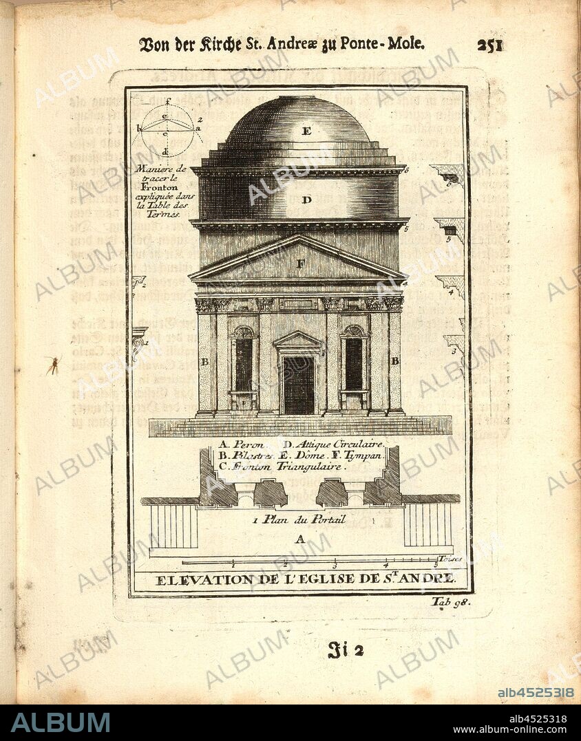 Elevation of St. Andrew's Church, Elevation of the church of Sant Andrea in Via Flaminia in Rome, Tab. 98, p. 251, Augustin-Charles d'Aviler, Vignola, Michelangelo, Leonhard Christoph Sturm, Hertel: Ausführliche Anleitung zu der gantzen Civil-Bau-Kunst [...]. Augspurg: bey Johann Georg Hertel, 1747.