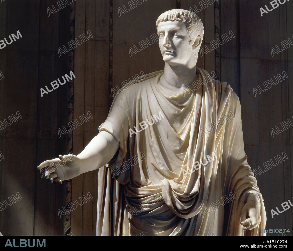 Roman civilization, 1st century A.D. Marble statue of the Emperor Tiberius (14-37 A.D.) wearing a toga. Frome Rome, Vatican Hill. Gift of Pope Pius VII to Louis XVIII King of France. Detail.