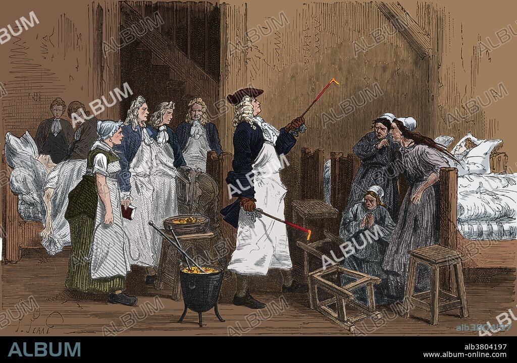 Boerhaave treating a patient with hysteria at Leiden hospital in 1710. He believed that people suffering from hysteria could be calmed by making them frightened, and so began threatening them with red-hot pokers. Herman Boerhaave (December 31, 1668-September 23, 1738) was a Dutch botanist, chemist, humanist and physician. He is regarded as the founder of clinical teaching and of the modern academic hospital. His reputation increased the fame of the University of Leiden, as a school of medicine. In 1714, when he was appointed rector of the university and in this capacity, he introduced the modern system of clinical instruction. His 1724 textbook, Elementa chemiae, was an outgrowth of his lectures, in which he outlined influential theories on heat, fire, and expansion of bodies. The publication of his textbook is said to mark the start of the modern concept of chemistry. He is considered one of the pioneers in physical chemistry, for introducing quantitative methods into the measure of temperature and mass and for carrying out some of the first calorimetric research. In 1728 he was elected into the French Academy of Sciences, and in 1730 into the Royal Society of London. In 1729 declining health obliged him to resign the chairs of chemistry and botany; and he died, after a lingering and painful illness in 1738 at the age of 69. Engraving from "Vies des savants illustres" by Louis Figuier.