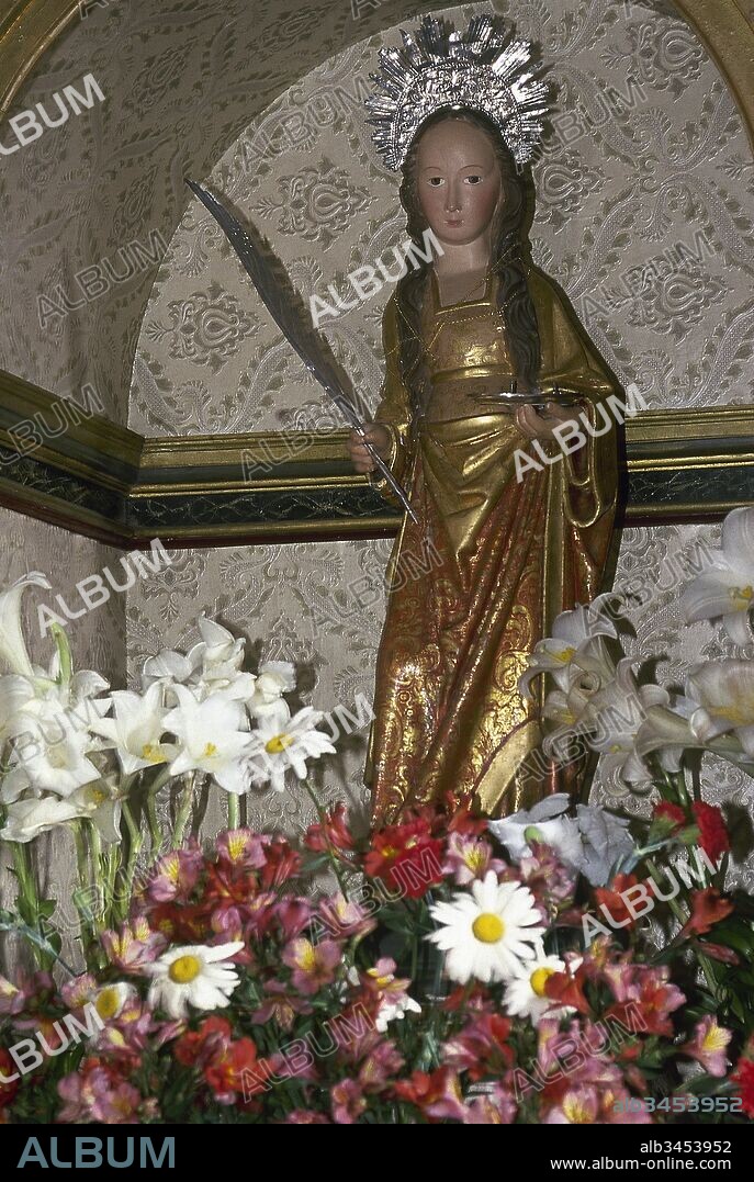 Santa Lucía. Mártir cristiana en Siracusa bajo Diocleciano (303). Talla en madera policromada, 82 cm. de altura. Ermita de Santa Lucía. Puntallana. La Palma. Provincia de Santa Cruz de Tenerife. Canarias. España.