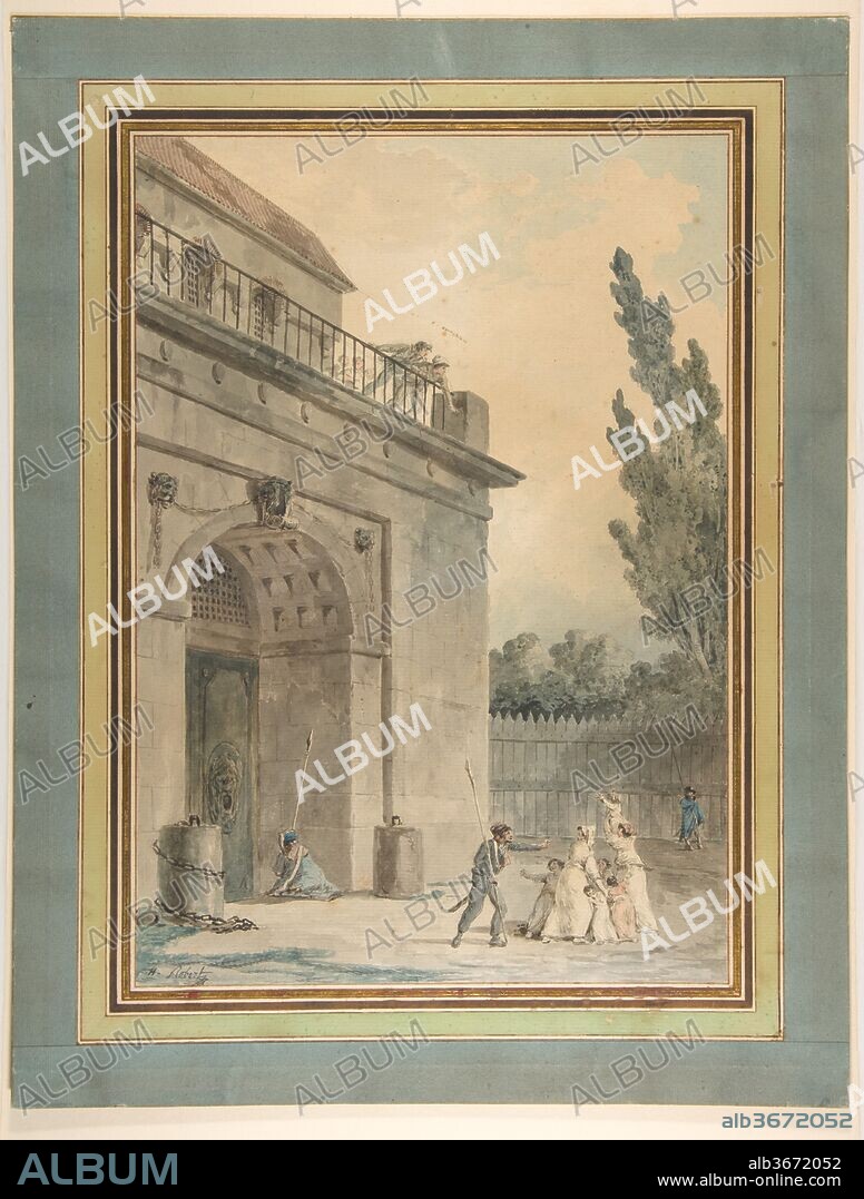 Visitors leaving a prison. Artist: Hubert Robert (French, Paris 1733-1808 Paris). Dimensions: 15 1/8 x 10 9/16 in.  (38.4 x 26.9 cm). Date: 1794-1795.
During the second half of the eighteenth century in France, Hubert Robert was a fashionable artist. Painter of ruins, professor of landscape drawing, curator for the future Louvre museum from 1777, and draftsman of the gardens of the king from 1778, he counted among his clientele the royal family, the most eminent members of the court in Versailles, voluntarily exiled aristocrats like the Noailles family, and powerful financiers like the marquis de Laborde. As a result, and like many of his colleagues, Robert endured the consequences of the French Revolution which began in 1789. He was suspected "for his recognized incivism and his links with the aristocrats" by the members of the Convention on October 3, 1793 and was imprisoned in the Sainte-Pélagie prison from October 29, 1793 to January 31, 1794, before being transferred to the Saint-Lazare prison, where he remained until his release on August 4, 1794. If Robert escaped the guillotine, he remained very affected by his imprisonment. In jail, he continued to draw and paint, especially on ceramic dinner plates that he sold at low cost. In watercolors made after his release, themes of imprisonment and liberty continued to play a prominent role.
Visits to prisoners and the hope for liberation were two favorite themes of Robert, during the time he was incarcerated in Saint-Lazare. In 1794 he signed a red chalk drawing, now in the Musée Atger in Montpellier, France (acc. no. A5 V38), which bears two inscriptions in Latin: "in the end the prisons open" inscribed above the doorway from which a woman has come to release birds from a cage and "drawn by Robert while waiting for his release" on a headstone lying on the ground. In two watercolors, whose current location is unknown (published by Jean de Cayeux in exh. cat. Valence, musée de Valence, 1789, <i>Hubert Robert et la Révolution</i>, under no. 33), Robert again took up the idea of a massive building seen at an oblique angle, in front of which are positioned the main protagonists. The motif of a soldier repulsing the advances of a group of women and children seeking to communicate with prisoners is also found in a red chalk drawing from the Musée Carnavalet (acc. no. D. 3535), dated "anno II" (1793-1794 in the revolutionary calendar). The emotional vignette of the small child held aloft with its arms outreached also appears on a canvas that Robert executed in 1794: <i>The visit to the Marquis de Travanet during his detainment at the Saint-Lazare prison</i> (private collection, sale Bayeux, Auction House, 11/11/2013, lot 28). Cayeux had connected the two watercolors mentioned above with a painting then lost, entitled <i>The Farewell of the Children of the Noailles Family to their Condemned Parents</i>, without citing the Met's drawing, from which it evidently derives. These two works, the Met's drawing and the painting of the Noailles family, seem to be the latest variations of the set of drawings and paintings described above. Perhaps they were made in the Saint-Lazare prison, when the artist had at his disposal models, unless he had executed them from memory shortly after his liberation. In the absence of signature and date inscription on the two works, one might think they were made in 1794 or 1795. In any case, the theme of families bidding farewell to prisoners must have resonated particularly for Robert, who had earlier lost his own children and would have witnessed the intense attachments of his companions of misfortune, such as the poet Jean Roucher who corresponded from prison with his daughter Eulalie.
Sarah Catala (August 2017).