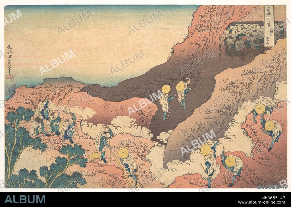 Groups of Mountain Climbers (Shojin tozan), from the series Thirty-six Views of Mount Fuji (Fugaku sanjurokkei). Artist: Katsushika Hokusai (Japanese, Tokyo (Edo) 1760-1849 Tokyo (Edo)). Culture: Japan. Dimensions: 9 1/2 x 14 5/8 in. (24.1 x 37.1 cm). Date: ca. 1830-32.
Unlike the other prints from the series, which portray Mount Fuji from a distance, this image depicts the very top of the sacred mountain, with pilgrims arriving at Fuji's breathtaking summit after an exhausting climb and making their way toward the mountain's grottoes for worship.