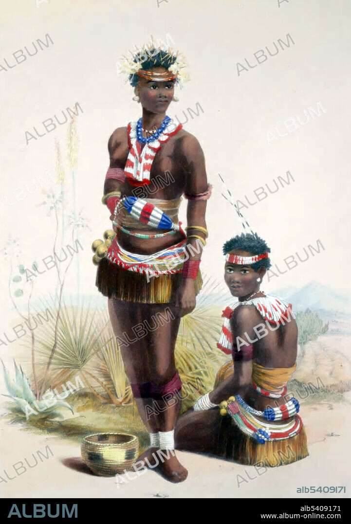 Mpande kaSenzangakhona (1798-1872) was monarch of the Zulu Kingdom from 1840 to 1872, making him the longest reigning Zulu king. The Zulu Reed Dance is an opportunity for young girls to get noticed by the king, who is also looking for a wife. In this dance, the girls get reeds by the river and bring them to the king.  In 1846 George French Angas (English explorer and painter) went to South Africa, where he spent two years in Natal and the Cape, working on a series of drawings and watercolors which were published in 1849 as The Kafirs Illustrated.
