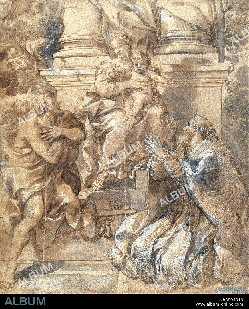 PIETRO DA CORTONA (PIETRO BERRETTINI). Madonna and Child, Saint John the Baptist and Pope Stephen. Date/Period: 1626. Pen and brown ink, over traces of black chalk, brown and grey wash, some pen and black ink. Feder in Braun, über Spuren schwarzer Kreide, braun und grau laviert, wenig Feder in Schwarz, mit Deckweiß gehöht. Height: 272 mm (10.70 in); Width: 238 mm (9.37 in).