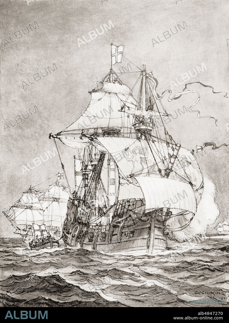 EDITORIAL  John Hawkins aboard the 16th century carrack, Jesus of LÃ¼beck, entering along with several other English ships, San Juan de UlÃºa (modern day Vera Cruz, Mexico) in September 1568, where they encountered a Spanish fleet, in the resulting battle J.