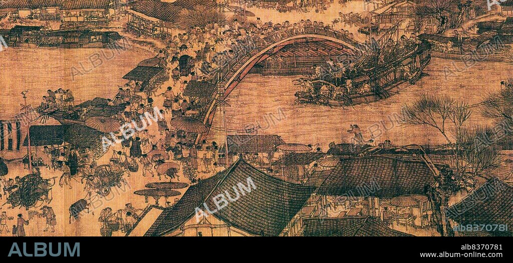 'Along the River During the Qingming Festival' is a painting by the Song dynasty artist Zhang Zeduan (10851145). It captures the daily life of people and the landscape of the Northern Song capital, Bianjing, today's Kaifeng. The theme is said to celebrate the festive spirit and worldly commotion at the Qingming Festival, rather than the holiday's ceremonial aspects, such as tomb sweeping and prayers.<br/><br/>. Successive scenes reveal the lifestyle of all levels of the society from rich to poor as well as different economic activities in rural areas and the city, and offer glimpses of period clothing and architecture. The scroll is 25.5 centimetres (10.0 inches) in height and 5.25 meters (5.74 yards) long. In its length there are 814 humans (of whom only 20 are women), 28 boats, 60 animals, 30 buildings, 20 vehicles, 8 sedan chairs, and 170 trees. The countryside and the densely populated city are the two main sections in the picture, with the river meandering through the entire length.<br/><br/>. The original painting is celebrated as the most celebrated work of art from the Song dynasty.
