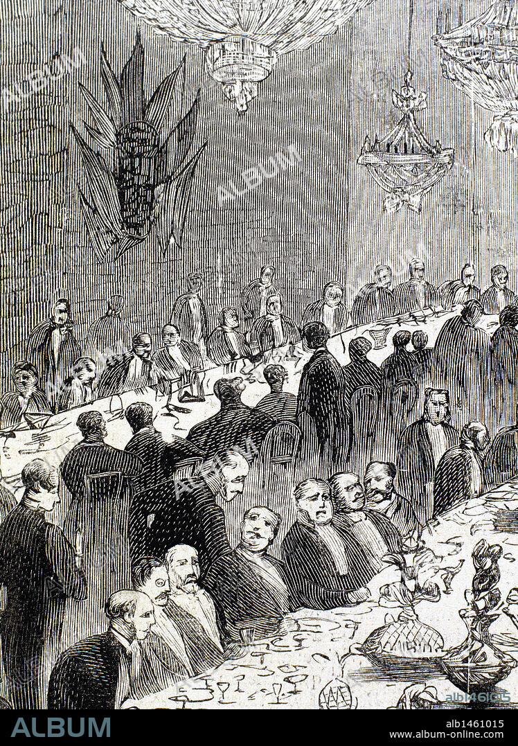 Banquet offered to guests at an opening ceremony. Engraving. Early 20th century.