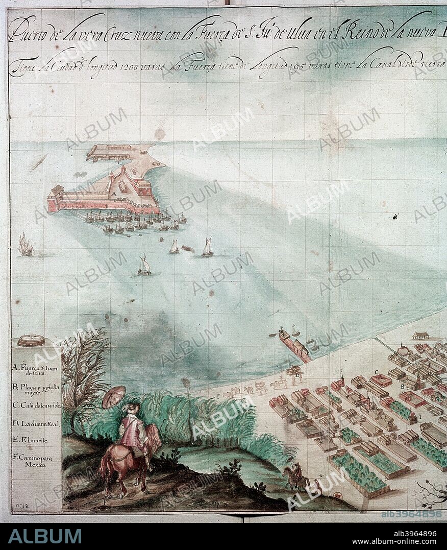 City of Veracruz, Mexico, 17th century. Detail from a map of the city which lies on the Caribbean, on the east coast of Mexico. It was first founded by the Spanish conquistador Hernan Cortes in 1519, the modern city dates from c1599 and was the main link between Spain and Mexico. A: Fort of San Juan de Ulloa with ships at anchor. D: Custom house with train of pack mules. F: Horseman arriving on the road from Mexico city. From the collection of the Bibliotheque Nationale, Paris.