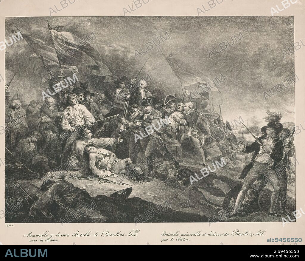 Battle of Bunker Hill, 1775, Memorable y decisiva Batalla de Bunkers-hill, cerca de Boston / Bataille mémorable et décisive de Bunkers-hill, près de Boston (title on object), Battle of Bunker Hill, June 17, 1775, between the American Revolutionaries and the British Forces. In the center, the death of the American general Joseph Warren. After the painting by John Trumbull., print maker: Denis Auguste Marie Raffet, (mentioned on object), after painting by: John Trumbull, publisher: Jean Fréderic Ostervald, (mentioned on object), print maker: France, publisher: Paris, 1817 - 1840, paper, height 413 mm × width 512 mm.