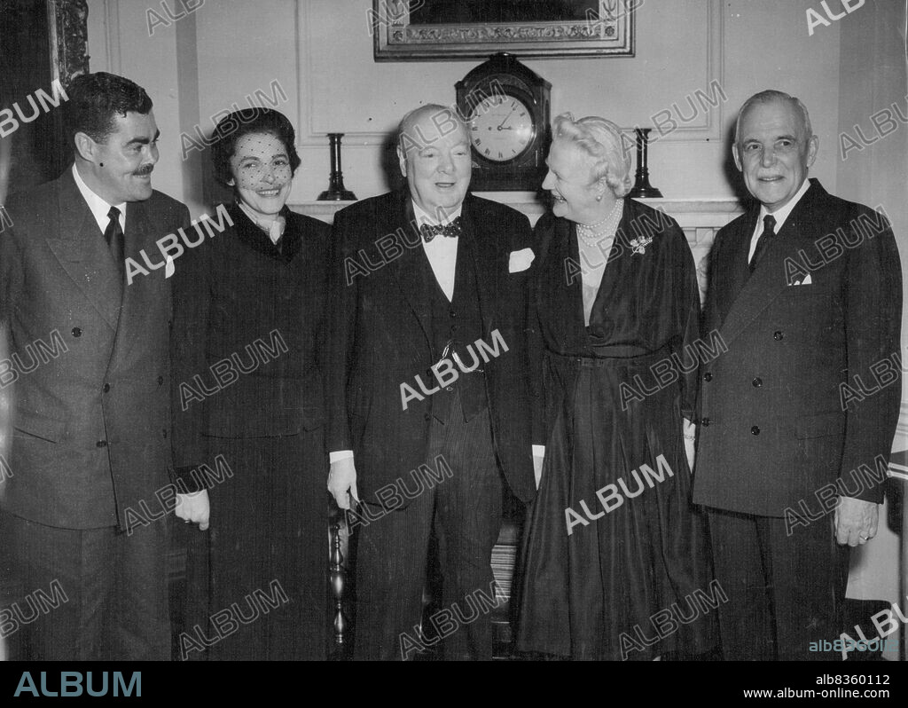 Canadian Premier Lunches With Churchill - Left to Right-Mr. Jean Paul St. Laurent: Mrs. Hugh O'Donnell (son and daughter of the Canadian Premier); Sir Winston Churchill; Lady Churchill; and Mr. Louis St. Laurent.The Canadian Prime Minister is in London on a world tour to meet leaders in the search for an approach to peace.British Prime Minister Sir Winston Churchill with his guests, Canadian Prime Minister Mr. Louis St. Laurent and members of his family, at 10, Downing Street, London, to-day (Saturday). February 06, 1954. (Photo by Reuterphoto).