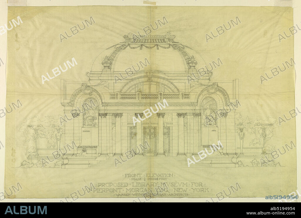 Front Elevation, Proposed Library Museum for J. Pierpont Morgan, Esq., New York, Graphite on tracing paper, View of pavilion facade. Exterior with semi-circular columed, stepped portico and recessed niches filled with sculpture on either side of central doorway. Above doorway, eyebrow window with balustrade, decorated low dome with balustrade motif on top. Suggestions of porches left and right of pavilion with trees behind., USA, 18991900, architecture, Drawing, Drawing.