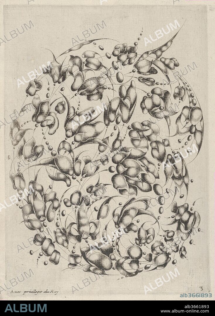 Goldsmiths' Bouquet, from Livre de Toutes Sorte de Feuilles Pour Servir a l'Art d'Orfeburie. Artist: Jacques Caillard (French, 17th century); Published by Isaac Briot (French, Damblain 1585-1670 Paris). Dimensions: Sheet: 9 5/8 × 7 1/8 in. (24.4 × 18.1 cm)
Plate: 8 1/8 × 5 13/16 in. (20.7 × 14.7 cm). Series/Portfolio: Livre de Toutes Sorte de Feuilles Pour Servir a l'Art d'Orfeburie. Date: 1627.
Goldsmiths' bouquet with decorative flowers and peapod elements in a C-shaped scroll, growing towards the right. Plate 3 from a series of six plates by Caillard, published by Briot in Paris in 1627. Another edition was published in Paris in 1629, as well as a series of reverse copies in Dutch, engraved by Willem Hondius and published in 1628.