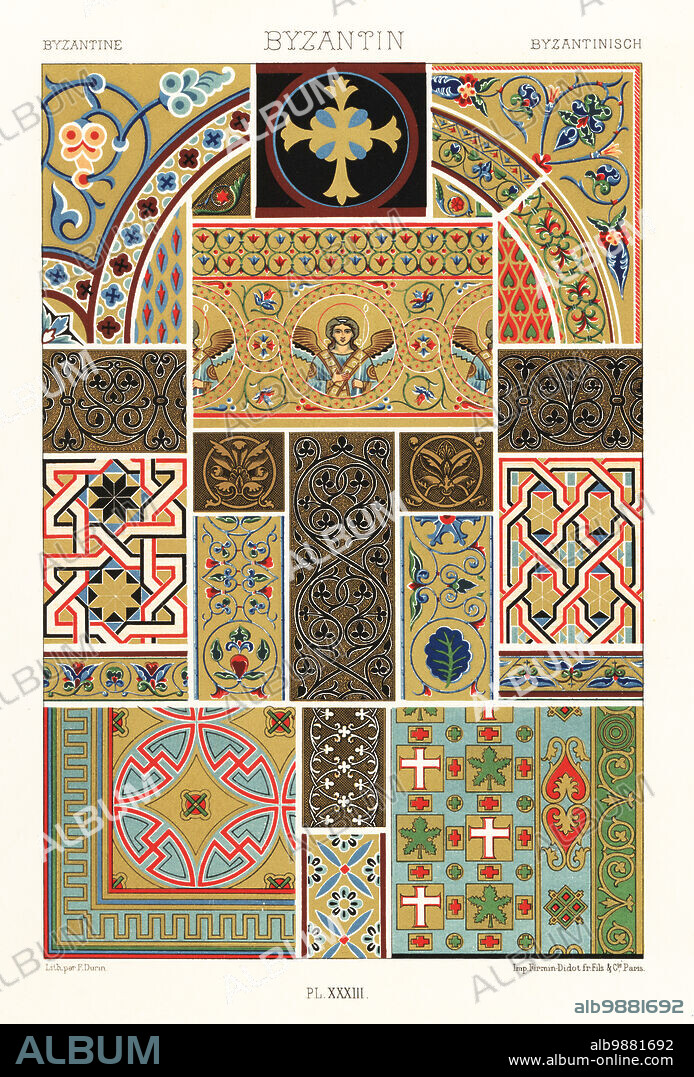 Middle Ages: Byzantine style mosaics, inlaid work, niellos and paintings. Examples of Byzantine art from St George, St Sophia (Thessalonica), Ravello Cathedral, angel from Monreale Cathedral, Palatine Chapel, and from Greek illuminated manuscripts in the Bibliotheque Nationale, MS 64, MS 139, MS 230. Byzantin. Hand-finished chromolithograph by F. Durin from Albert-Charles-Auguste Racinets LOrnement Polychrome, (Polychromatic Ornament), Firmin-Didot, Paris, 1869-73.
