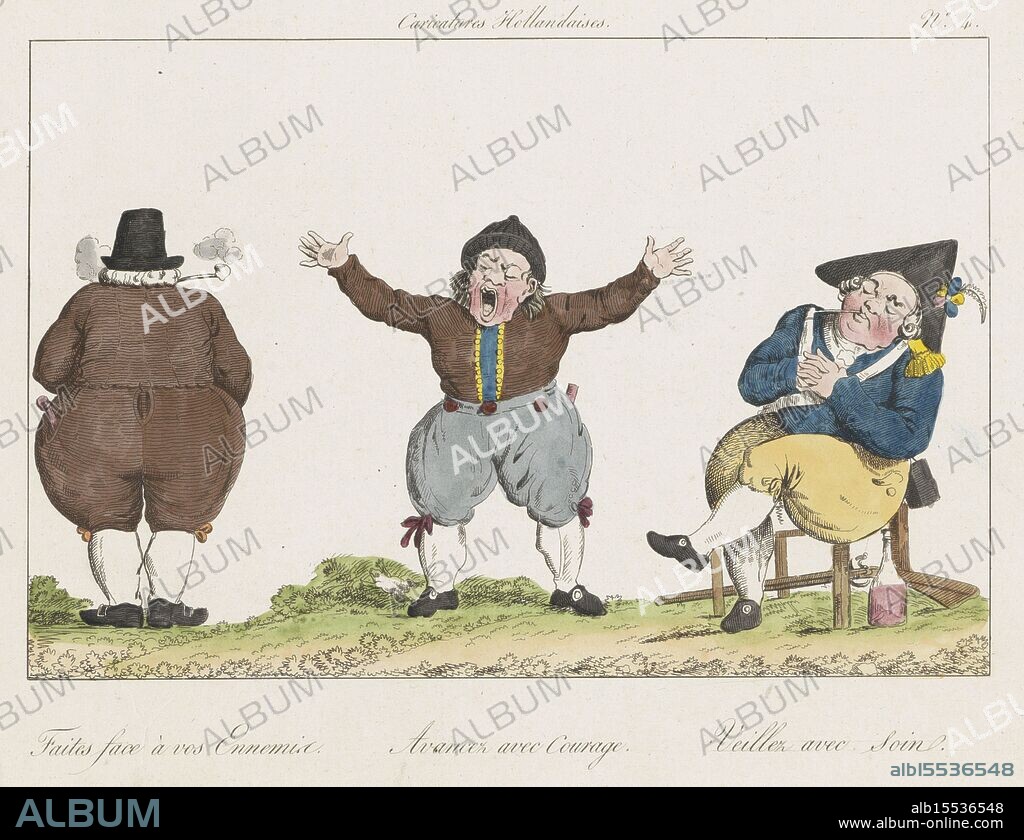 Cruikshank, Isaac, Parijs, Vallardi, Frankrijk, Caricatures Hollandaises, Cartoon of the Dutch (no. 4), 1795, 1814, Paris, France, verso - stamped, Three figures: standing smoking man seen from the back, in the centre a screaming man, on the right a sleeping soldier on a chair. Part of a series of four French copies from 1814 of English cartoons from 1795 on the Dutch, who prefer smoking and drinking to defending the interests of the country., print, picture, cartoon, prints, pictures, Frederik Muller Historieplaten, height 270 mm, width 324 mm, print maker, printmaker, 1814 - 1814, paper, papier, etching, etchings, hand-colouring, Publication (Event), Publicatie, publisher, uitgever, Work conception, Engels, 1764 - 1811.