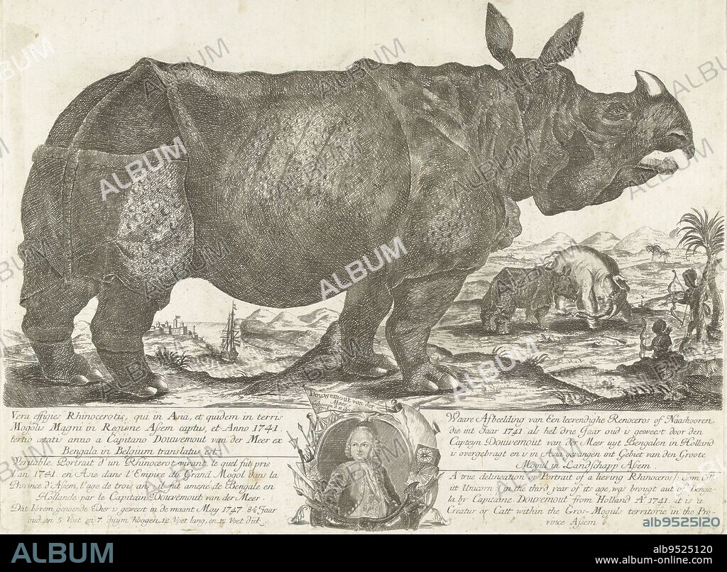 The rhino Clara standing in front of a landscape, 1741. Rhinoceros in landscape, on right two men shooting arrows at a rhino and an elephant fighting each other, on the other side a ship sails out of a harbor. In the margin a portrait of Douwe Mout van der Meer. With titles in Latin, French, Dutch and English, The Rhino Clara, 1741 Vera effigies Rhinocerotis (... ) / True image of a lively Renoceros or Rhinoceros which in the year 1741 when it was three years old was brought over from Bengal to Holland by Capteyn Douwemout van der Meer and was caught in Asia in the territory of the Great Mogul in the country of Assem / Veritable Portrait d'un Rhinocerot (...) / A true delineation or Portrait of a lying Rhinoceros (...) , print maker: H. Oster, intermediary draughtsman: Anton August Beck, Johann Friedrich Schmidt, Northern Netherlands, 1747, paper, etching, engraving, h 417 mm × w 544 mm.