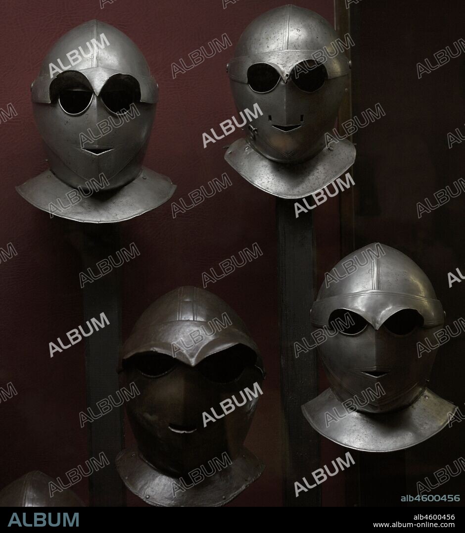 Savoyard-style close helmets or Totenkopf. Complete the armour of the cuirassiers or the heavy cavalry. North Italy. Ca.1600-1630. Armoury. Grandmaster Palace. Valletta. Malta.