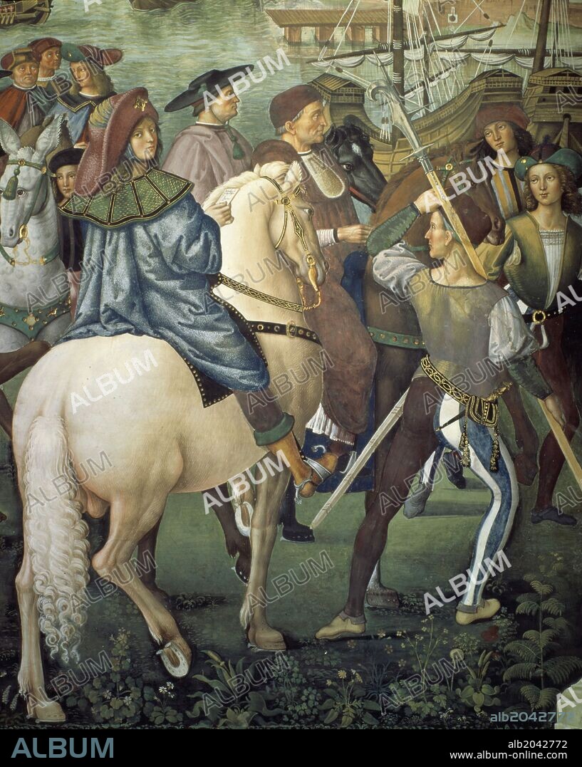 PINTURICCHIO. Eneas Silvio Piccolomini (1406-64) later Pope Pius II secretary to Bishop of Fermo fresco, Detail.