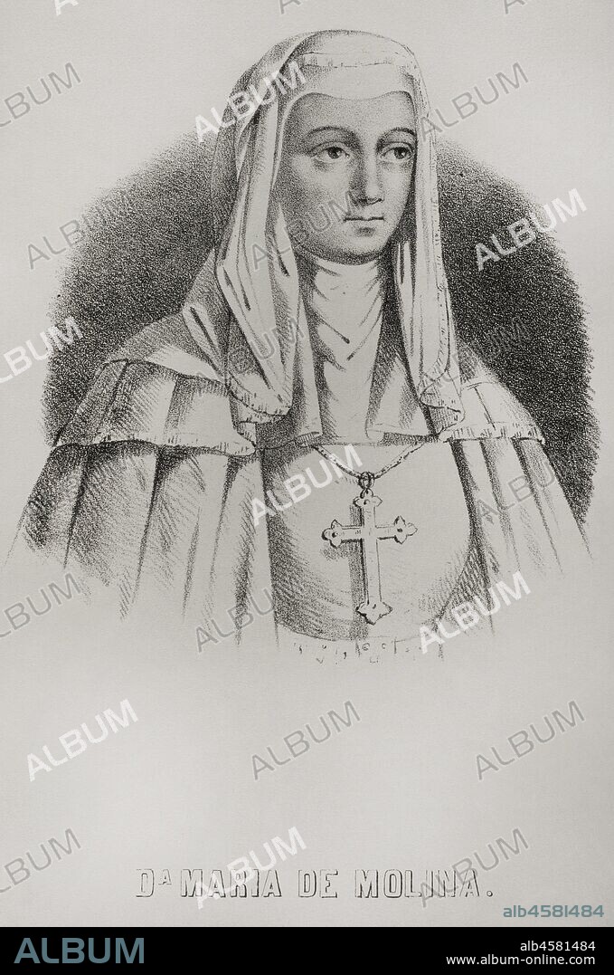 María Alfonso de Meneses (1264-1321). Conocida como María de Molina, señora de Molina, hija del infante Alfonso de Molina. Reina consorte de Castilla entre 1284 y 1295 por su matrimonio con Sancho IV de Castilla. Madre del futuro Fernando IV de Castilla. Litografía. Crónica General de España, Historia Ilustrada y Descriptiva de sus Provincias. Castilla-La Vieja,1870. Biblioteca Histórico Militar de Barcelona, Cataluña, España.