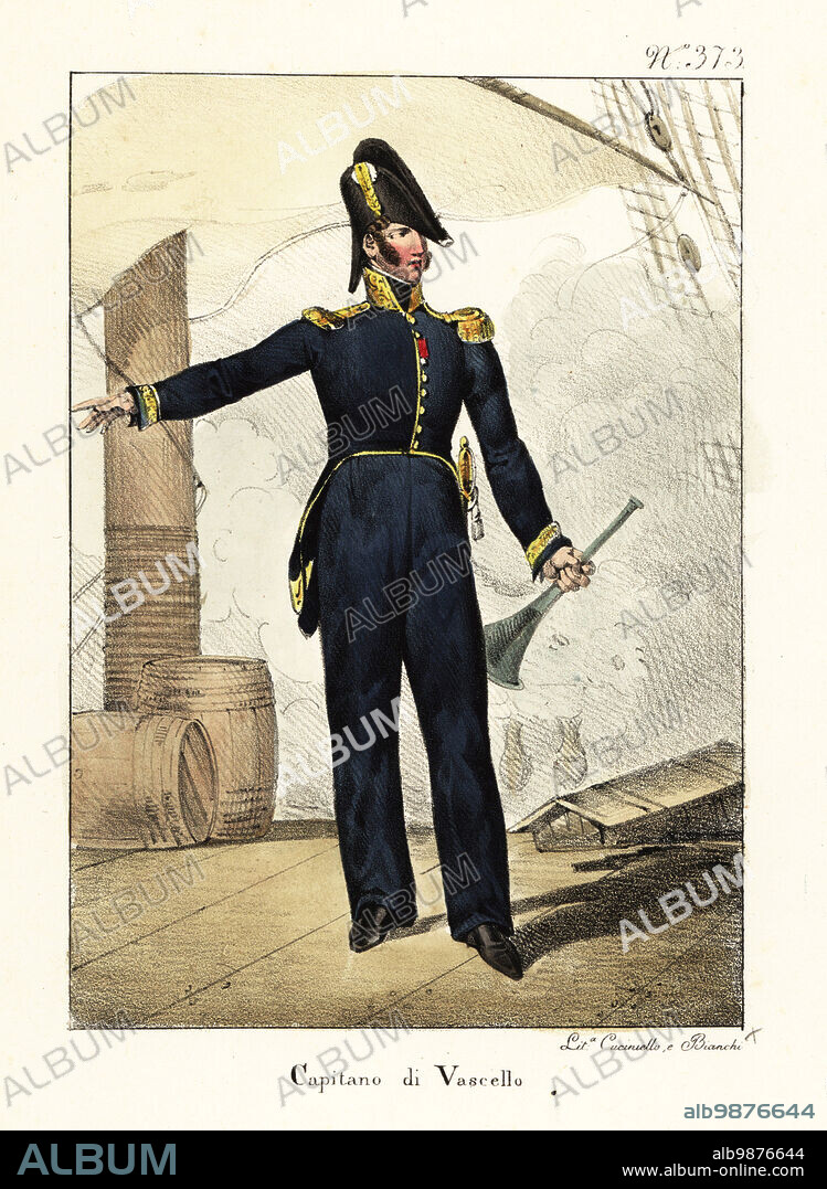 Uniform of a ship captain, Bourbon Restoration, France. In bicorne with cockade, blue coat with gold epaulettes, blue pantalons, black shoes, armed with sword. Capitaine de Vaisseau. Handcoloured lithograph by Lorenzo Bianchi and Domenico Cuciniello after Hippolyte Lecomte from Costumi civili e militari della monarchia francese dal 1200 al 1820, Naples, 1825. Italian edition of Lecomtes Civilian and military costumes of the French monarchy from 1200 to 1820.