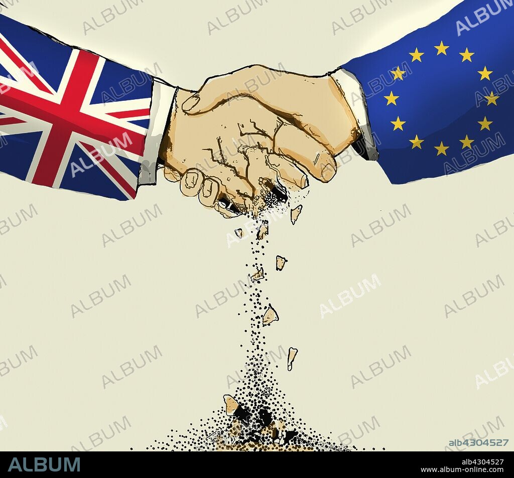 British hand crumbling in handshake with European Union.