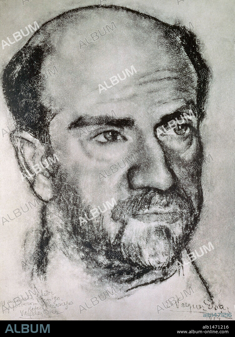 DANIEL VÁZQUEZ DÍAZ. BAROJA, Pio (San Sebastián, 1872-Madrid, 1956). Novelista español de estilo antirretórico y de notable inmediatez. Escribió, entre otras obras, "Zalacaín el aventurero" (1909), "El árbol de la ciencia" (1911) y "El mundo es ansí" (1912). Dibujo de Daniel VAZQUEZ DIAZ. (Detalle). Museo de Arte Moderno de Barcelona. Cataluña.