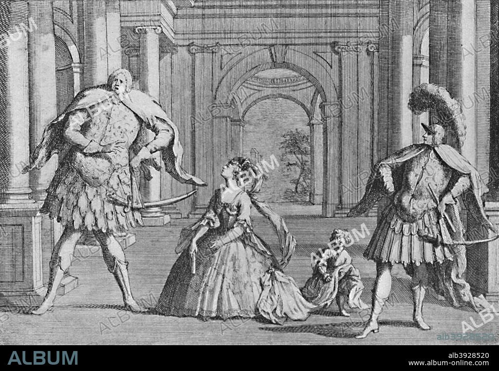 'Senesino on the Stage', 1725, (1904). Francesco Bernardi,  (31 October 1686 - 27 November 1758) was a celebrated Italian contralto castrato, particularly remembered today for his long collaboration with the composer George Frideric Handel. From Social England, Volume V, edited by H.D. Traill, D.C.L. and J. S. Mann, M.A. [Cassell and Company, Limited, London, Paris, New York & Melbourne, 1904].