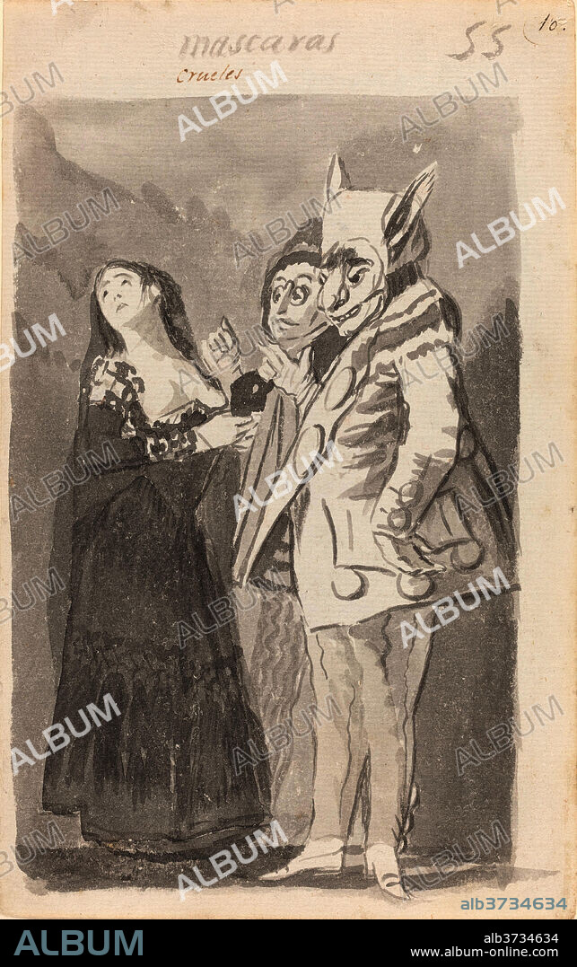 FRANCISCO DE GOYA. Mascaras crueles (Cruel Masks) [recto]. Dated: 1796/1797. Dimensions: overall: 23.7 x 15 cm (9 5/16 x 5 7/8 in.). Medium: brush and black ink and gray wash with scraping on laid paper.