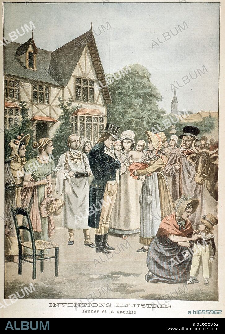 Edward Jenner (1749-1823) English physician, vaccinating a child against Smallpox using Cowpox serum. Artist's impression from "Le Petit Journal",  Paris, 1901.