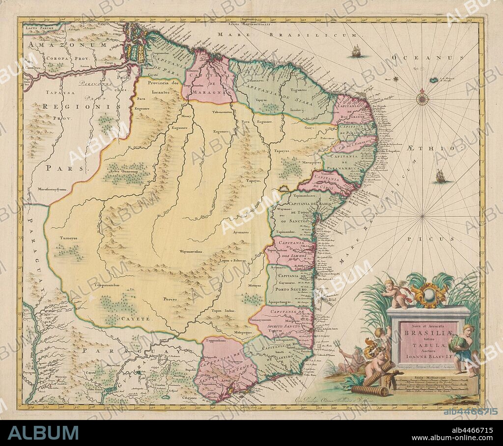 Map of Brazil, Nova et Accurata Brasiliae totius tabula (title on object ), bordered in yellow, colored areas, two ships in the sea, mountains, trees and buildings drawn on land. Top right compass rose, bottom right title with five putti and Poseidon with trident, with inscription scale in German, Spanish and French miles, maps of separate countries or regions, Brasil, Johannes Willemszoon Blaeu (mentioned on object), 1735 - 1745, paper, engraving, h 505 mm × w 600 mm.