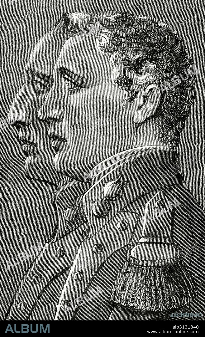 PEDRO VELARDE (1779-1808) y LUIS DAOÍZ (1767-1808). Militares españoles. Participarpm en el levantamiento del 2 de mayo (Guerra de la Independencia Española). Retratos. Grabado por Paris. La Ilustración Española y Americana, 1872.