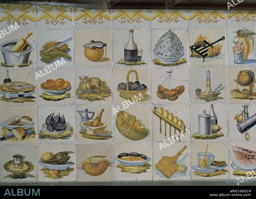 PANEL DE AZULEJOS - COCINA VALENCIANA - CERAMICA MANISES - DETALLE DE ALIMENTOS - SIGLO XVIII.