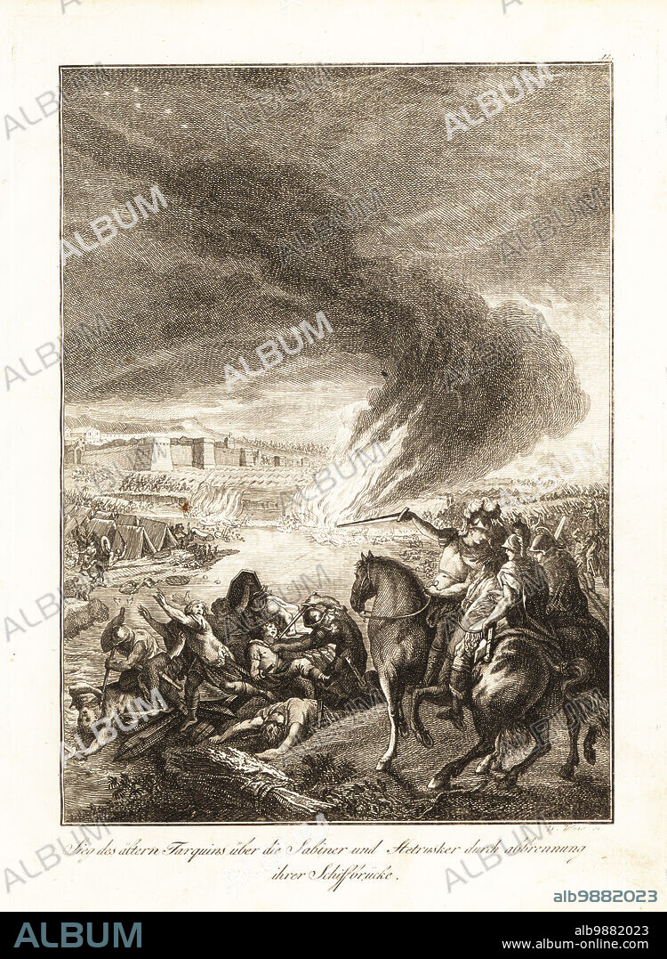 Tarquin the Elder of Rome sending burning boats to defeat the Sabines and Etruscans, 6th century BC. The legendary fifth king of Rome, Lucius Tarquinius Priscus, points to the Sabine camp with his sword. Victoire de Tarquin l'Ancien sur les Etrusques par l'incendie du Pont de bateaux qui les joignoient. Copperplate engraving by David Weis after a design by Gabriel de St. Aubin from Professor Joseph Rudolf Zappes Gemalde aus der romischen Geschichte, Pictures of Roman History, Joseph Schalbacher, Vienna, 1800. German edition of Abbe Claude Francois Xavier Millots Abrege de lHistoire Romaine.