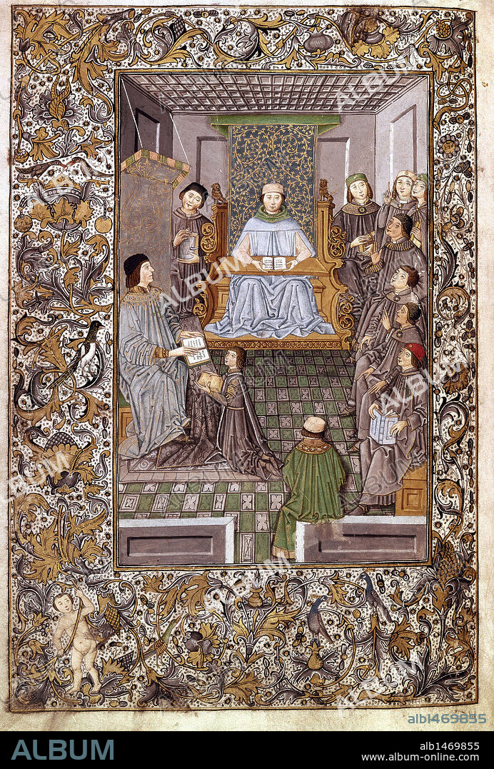Nebrija, Elio Antonio de (1441-1522). Spanish Humanist. Nebrija teaching a grammar class in  presence of the patron Juan de Zuniga. "Introducciones Latinae". National Library. Madrid. Spain.