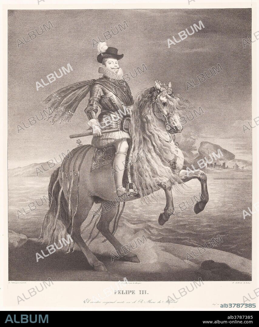JOSE DE MADRAZO Y AGUDO and PIERRE-JULES JOLLIVET. Pierre-Jules Jollivet (Lithographer) (After Velázquez, Diego Rodríguez de Silva y); José de Madrazo y Agudo (Director); Real Establecimiento Litográfico de Madrid (Printer) / 'Philip III on Horseback'. 1829 - 1832. Lithographic aquatint, Crayon lithography, Printing on japon, Scraper on wove paper; 1829 - 1832. Lithographic aquatint, Crayon lithography, Printing on japon, Scraper on wove paper.