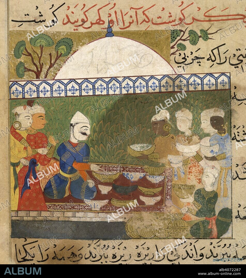 Sultan Ghiyath al-Din. The Ni'matnama-i Nasir al-Din Shah. A manuscript o. 1495 - 1505. Sultan Ghiyath al-Din being served a banquet. Opaque watercolour. Sultanate style.  Image taken from The Ni'matnama-i Nasir al-Din Shah. A manuscript on Indian cookery and the preparation of sweetmeats, spices etc.  Originally published/produced in 1495 - 1505. . Source: I.O. ISLAMIC 149, f.180. Language: Persian.