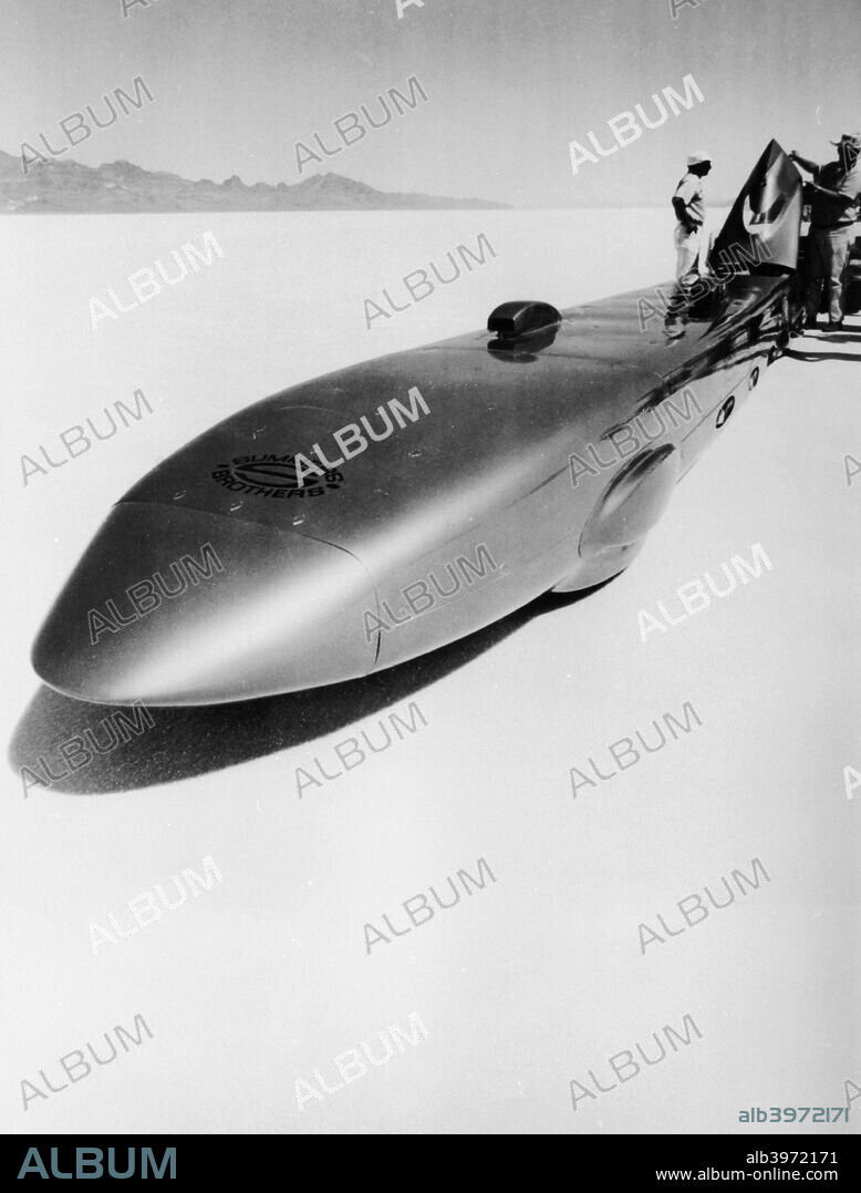 'Goldenrod' Land Speed Record car, Bonneville Salt Flats, Utah, USA, c1965.  Bob Summers drove this car at 409.277 mph at Bonneville in November 1965. This set a Land Speed Record for wheel-driven vehicles (as opposed to those powered by jet engines or rockets).