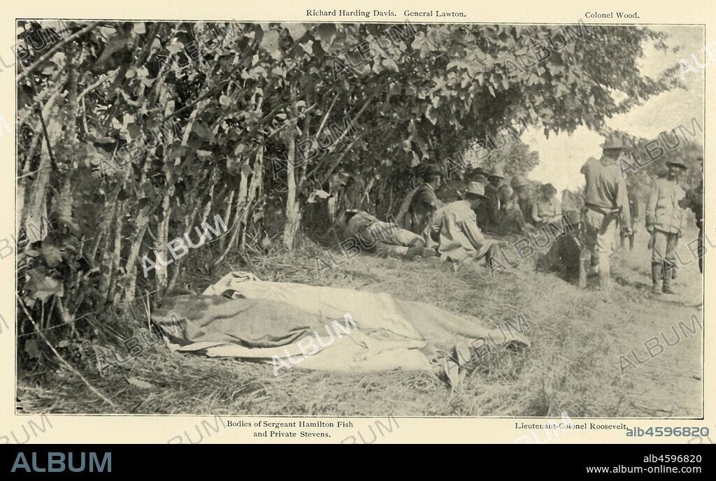 'Scene after "Rough Riders" Battle, June 24th', Spanish-American War, Cuba, 1898, (1899). In the foreground are the bodies of Sergeant Hamilton Fish and Private Stevens of the 1st United States Volunteer Cavalry, killed in the Battle of Las Guasimas. Behind them is a meeting of US officers and war correspondents: journalist Richard Harding Davis, General Henry Ware Lawton, General Leonard Wood, and (future president) Lieutenant Colonel Theodore Roosevelt. From "The Little I saw of Cuba" by Burr McIntosh, with photographs by the author. (In 1898, American actor and journalist William Burr McIntosh went to Cuba to cover the Spanish-American War for "Leslie's Weekly" as a reporter and photographer). [F. Tennyson Neely, London & New York, 1899].