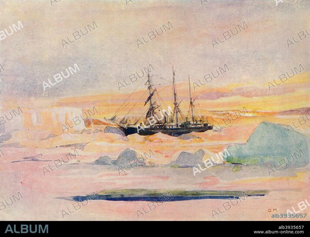 Shackleton's ship, the nimrod, among the ice in McMurdo Sound, the winter land quarters of the British Antarctic Expedition.' Ernest Shackleton (1874-1922), British explorer, Antarctica, 1909. Shackleton made three expeditions to the Antarctic, but is best known for the 'Endurance' expedition of 1914-1916 when the ship became trapped in the ice and Shackleton and five colleagues made an epic journey to South Georgia to seek rescue. After an original painting by George Marston (1882-1940) c1908 the expedition artsist. Taken from 'A Book of Discovery', published by T. C. & E. C. Jack Ltd. 1912.